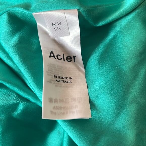 Acler Palms Pleated Long Sleeve Asymmetric Satin Green Midi Dress Sz 6 - Picture 10 of 11